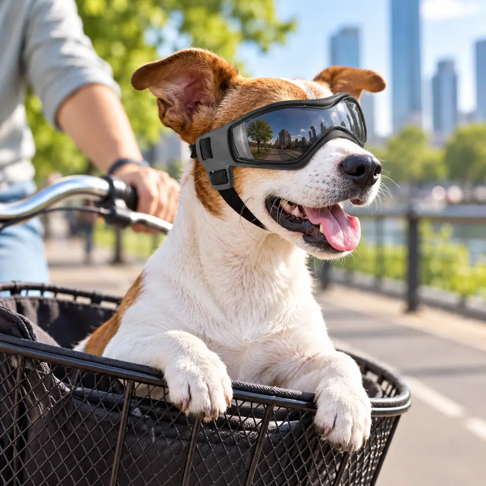 Jack russell v brýlích v košíku na kole
