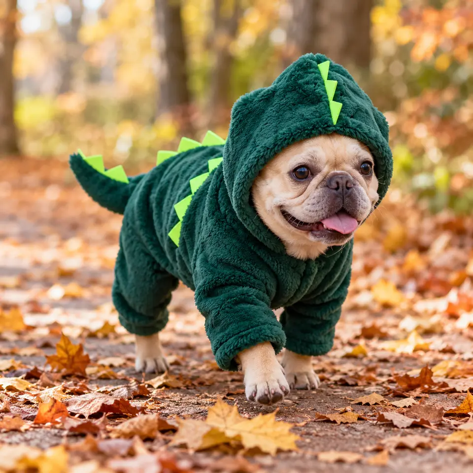Francouzský buldoček v zeleném kostýmu dinosaura na podzimní procházce