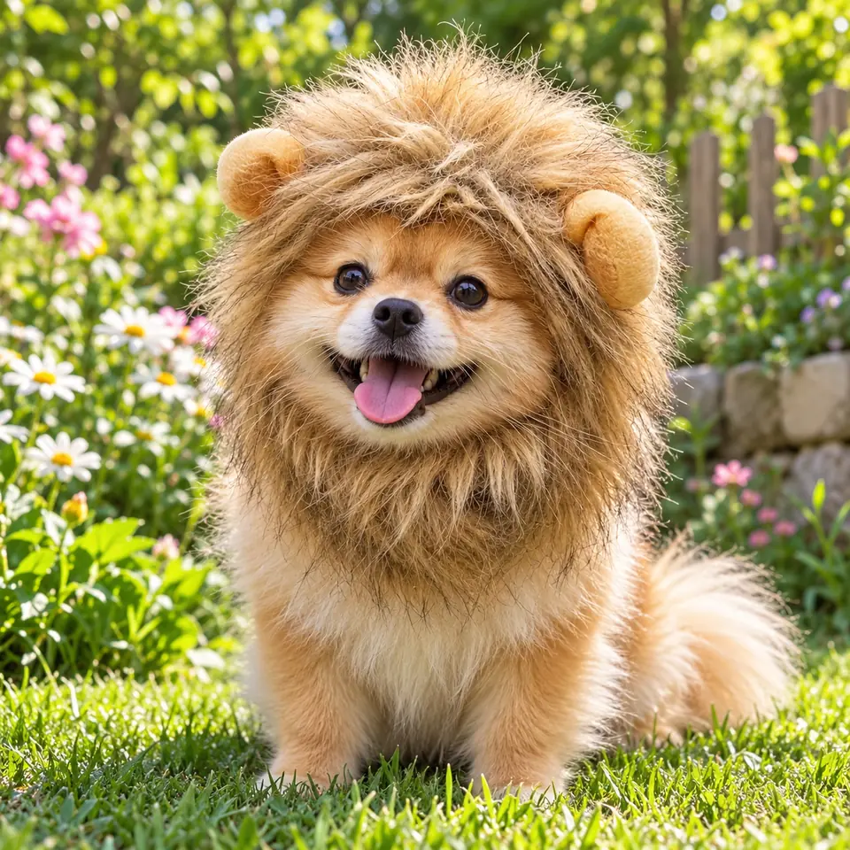 Pomeranian s lví hřívou na zahradě