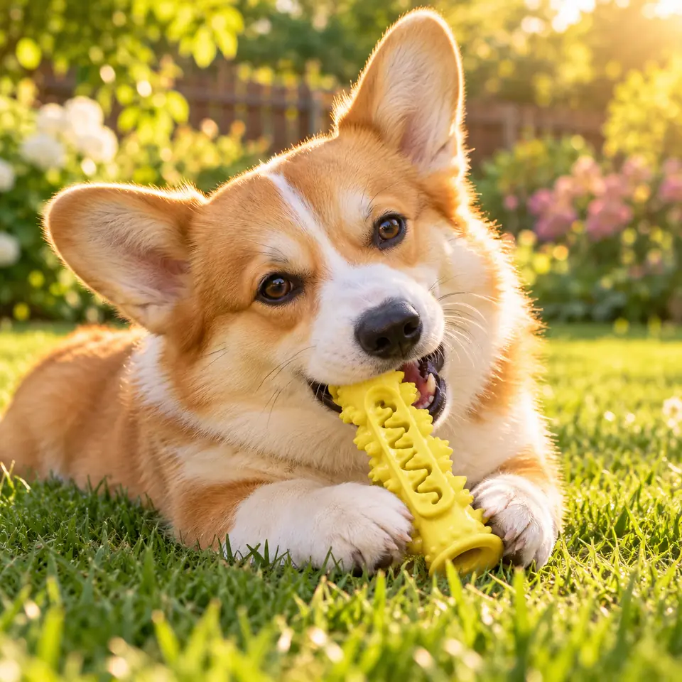 Corgi se žlutým kousacím kartáčkem na zahradě