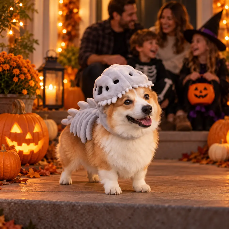 Corgi v kostýmu kostry dinosaura na Halloween