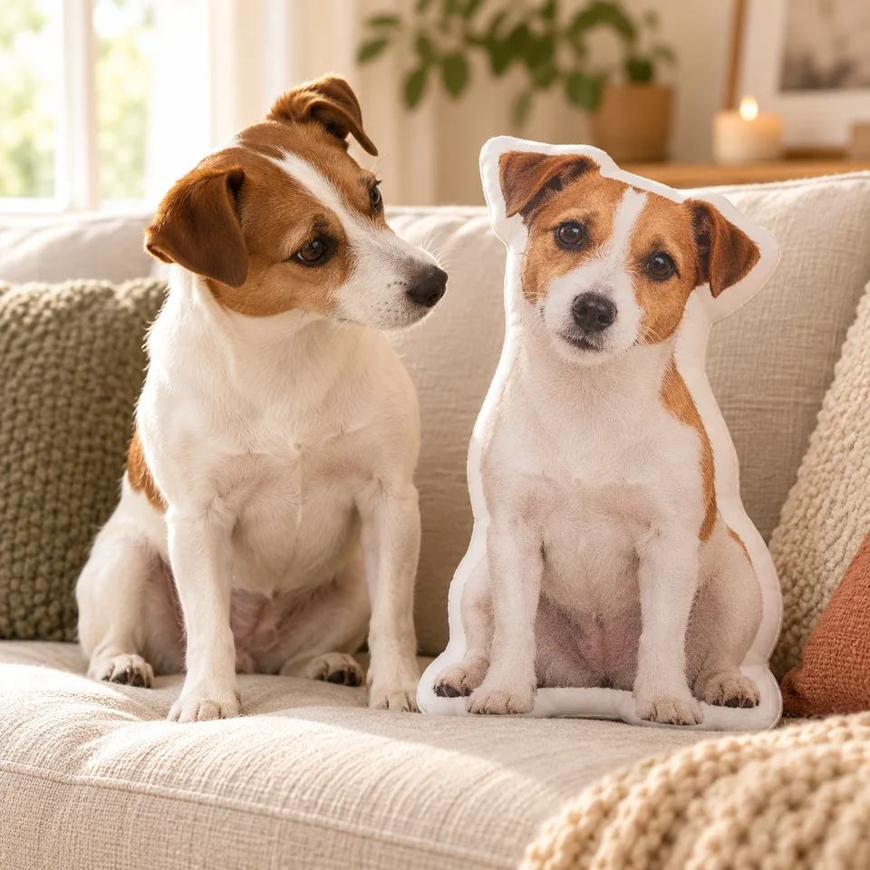 Jack russell teriér vedle polštáře ve tvaru psa se svou fotkou