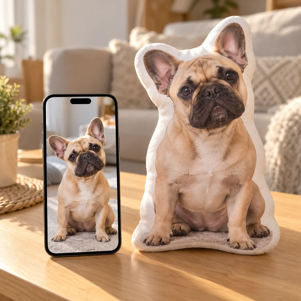 Fotka buldočka v telefonu a polštář ve tvaru psa vyrobený podle ní