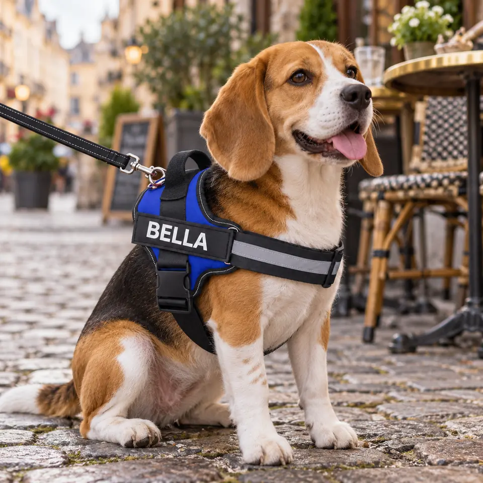 Bígl v modrém postroji se jménem BELLA na ulici