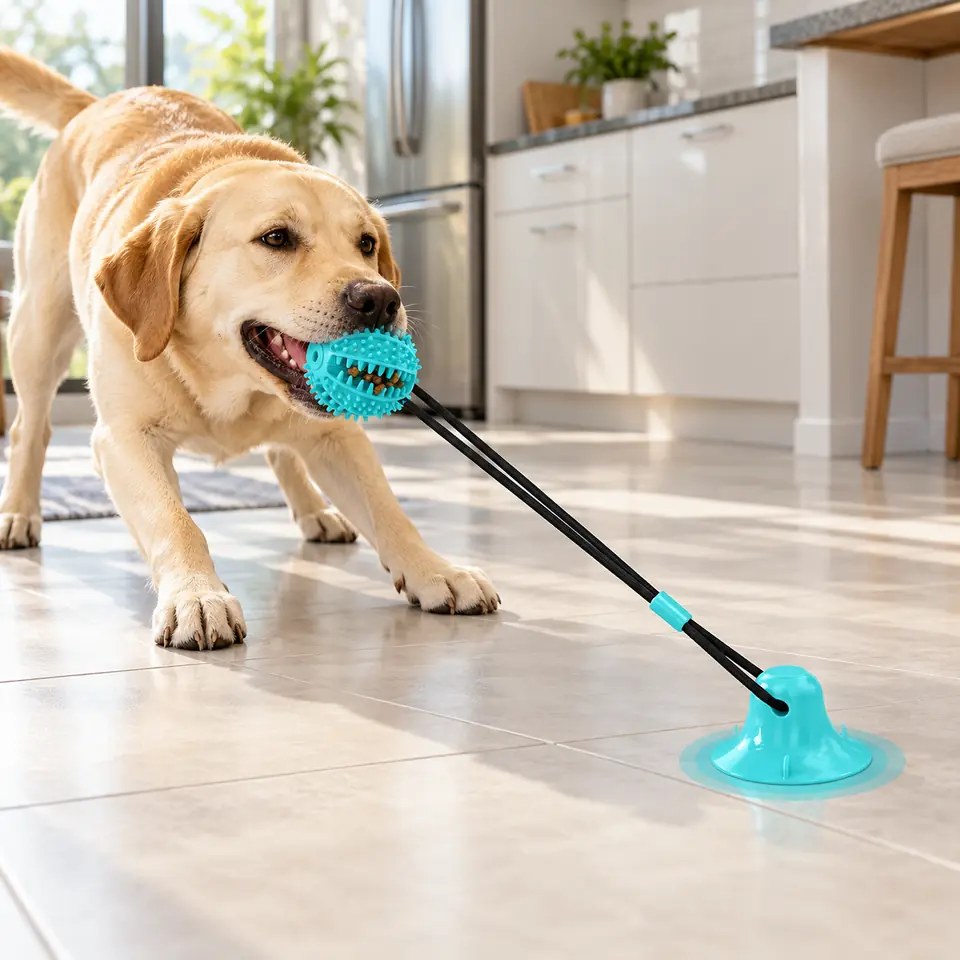 Labrador si přetahuje hračku přilepenou k podlaze