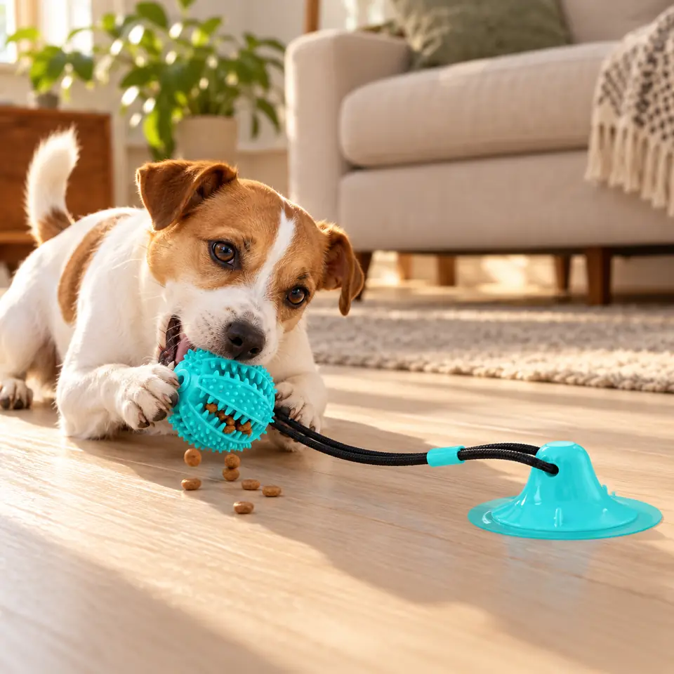 Jack russell teriér okusuje míček s pamlsky