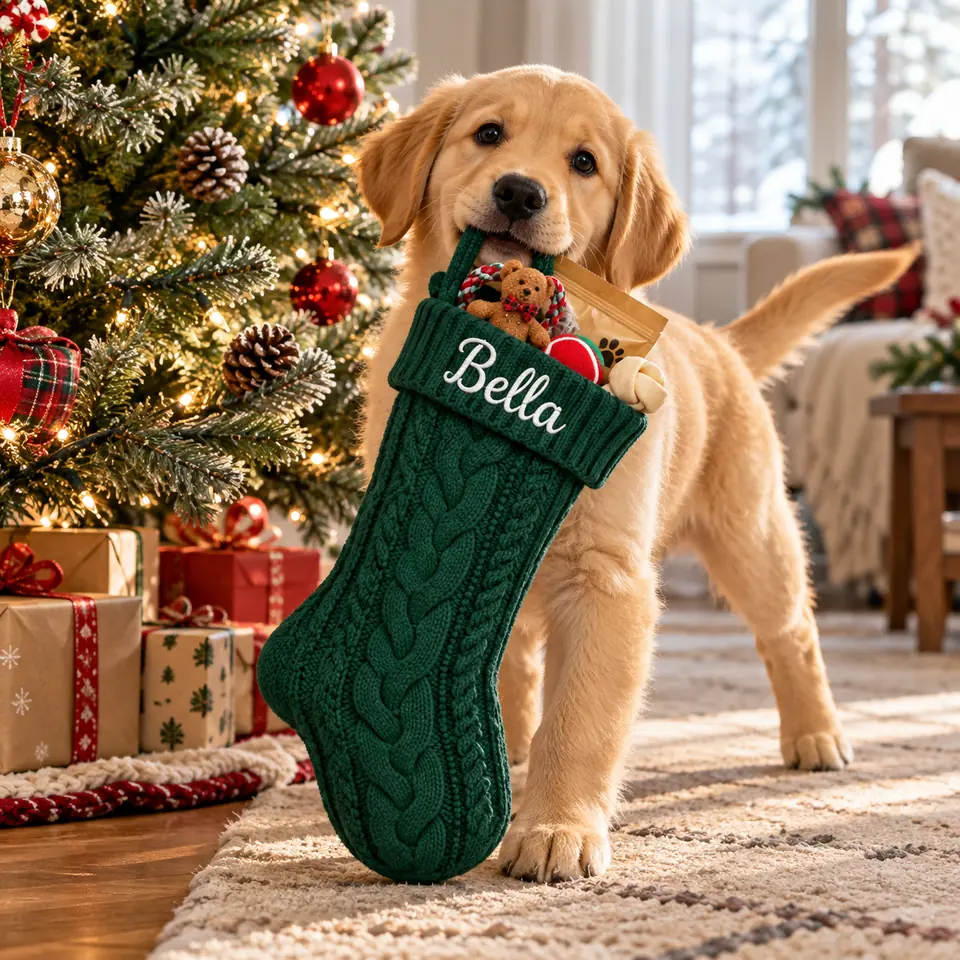 Štěně labradora nese zelenou punčochu se jménem Bella
