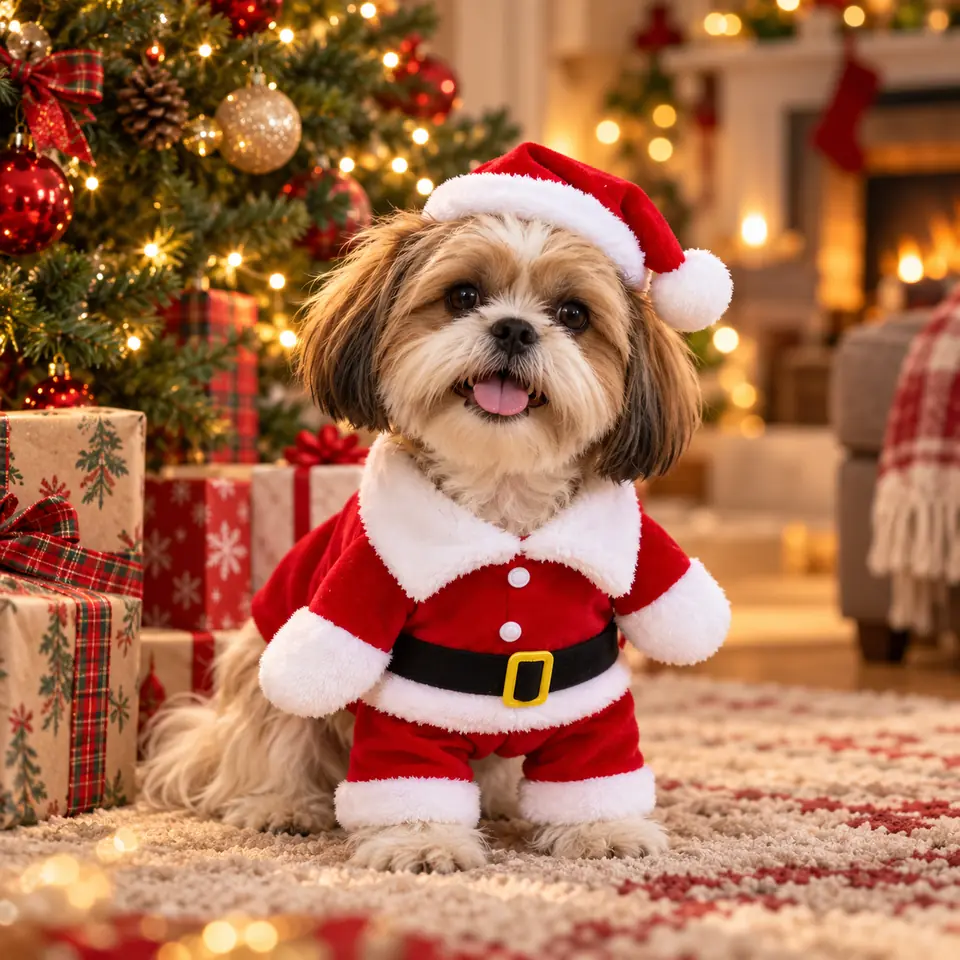 Shih-tzu v kostýmu Santy pod vánočním stromkem