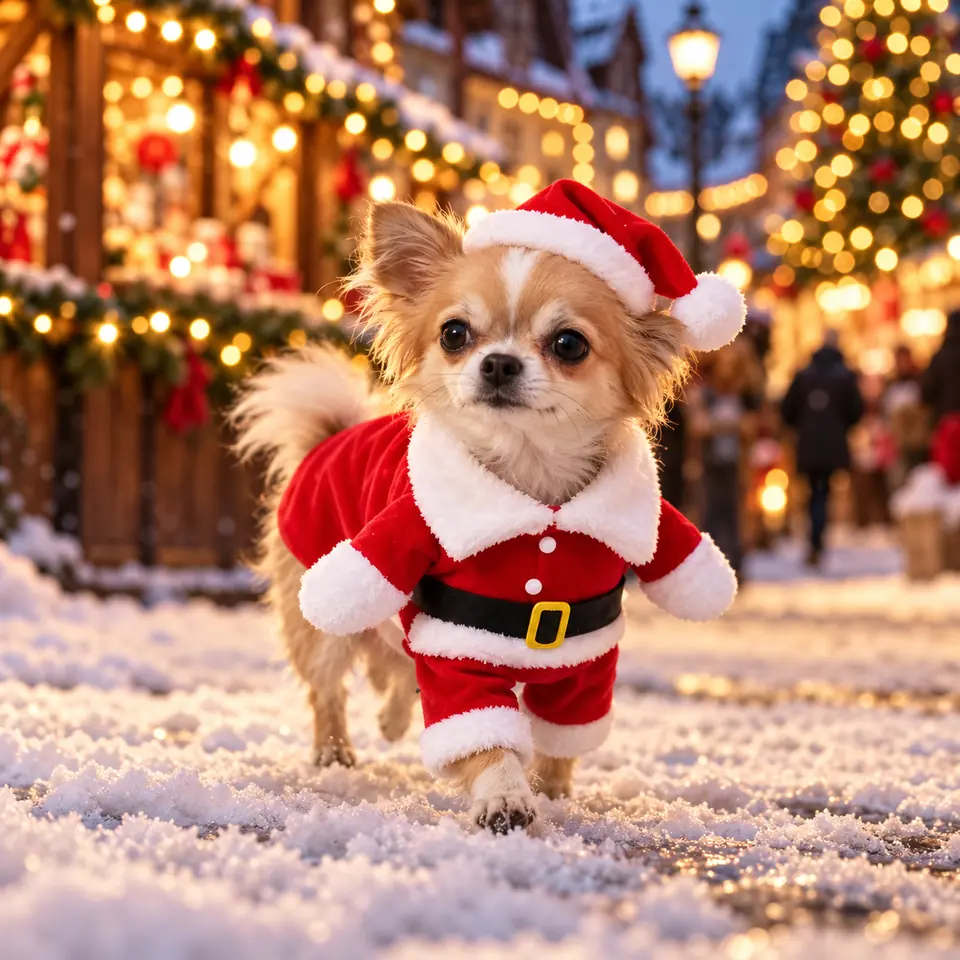 Čivava v kostýmu Santy na vánočních trzích