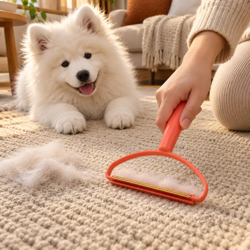 Škrabka sbírá chlupy z koberce, samojed v pozadí