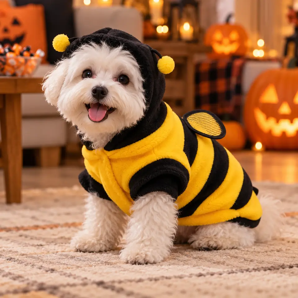 Maltézský pejsek v kostýmu včelky na Halloween