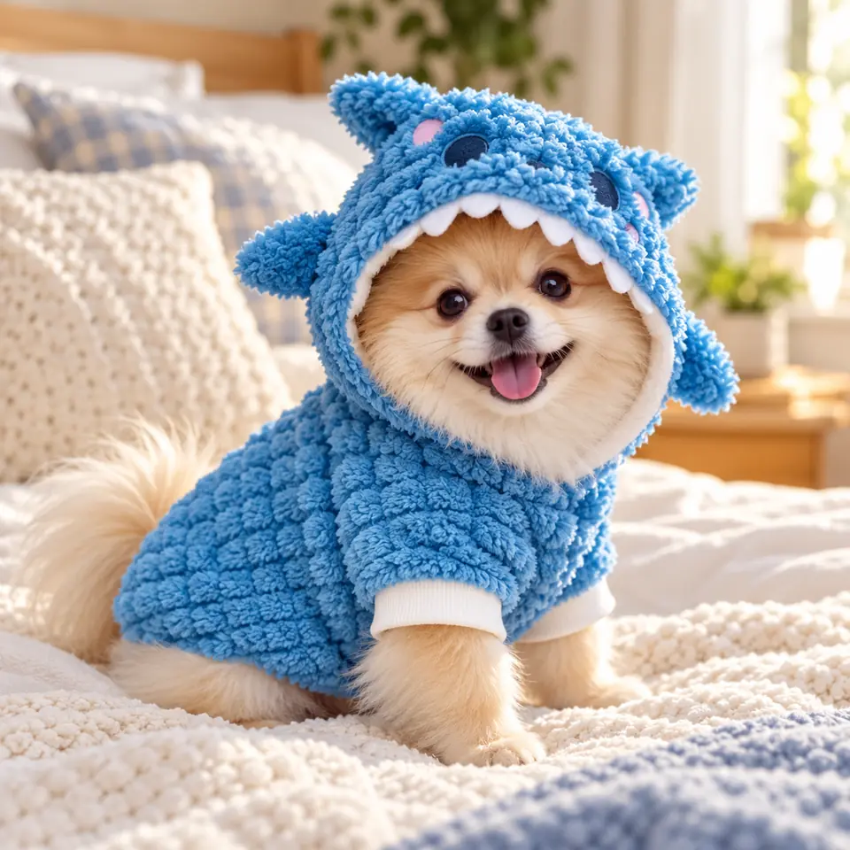 Pomeranian v kostýmu žraloka na posteli